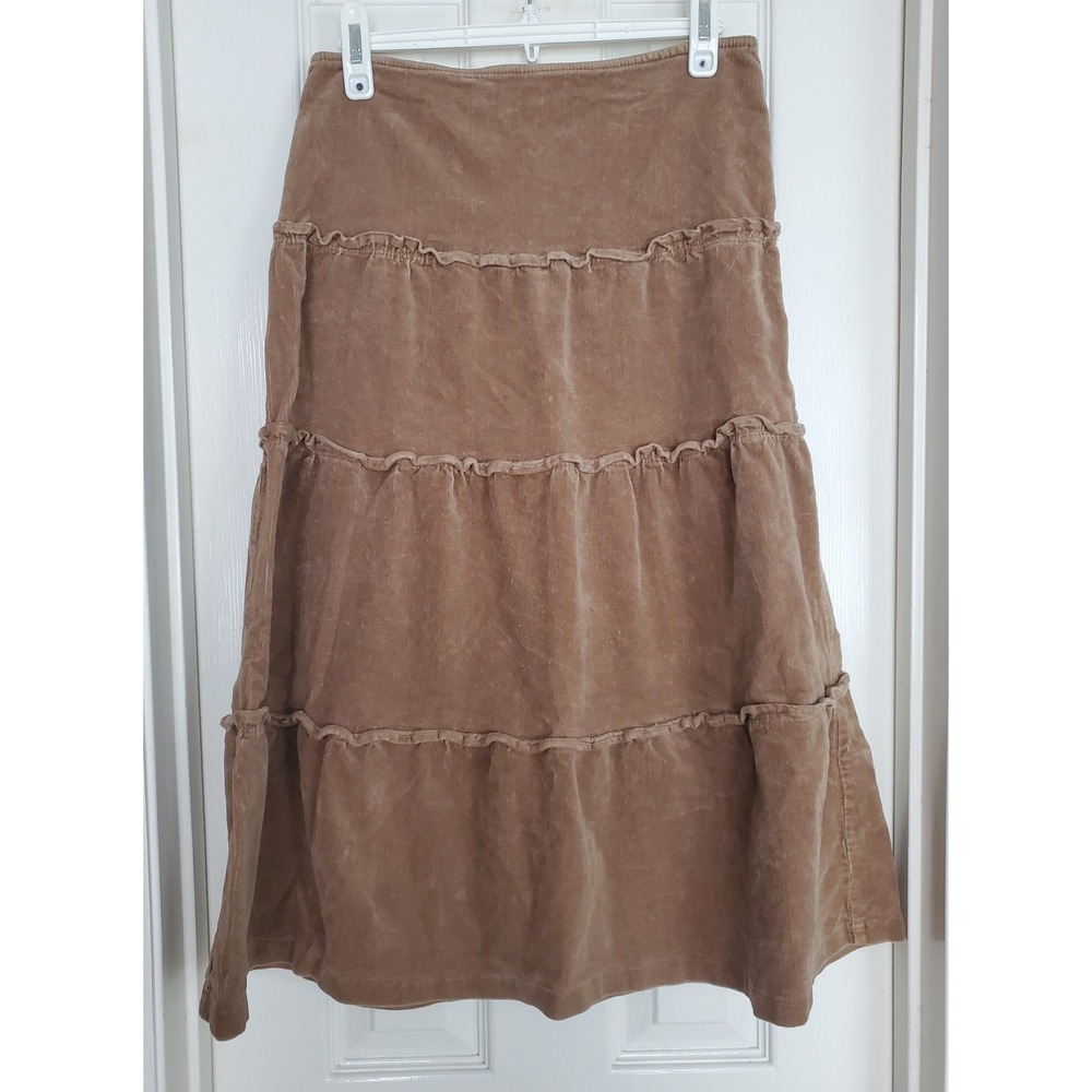 Corduroy Skirt Tan Tiered Western Boho Midi Vtg Cottagecore Casual Stretch Small